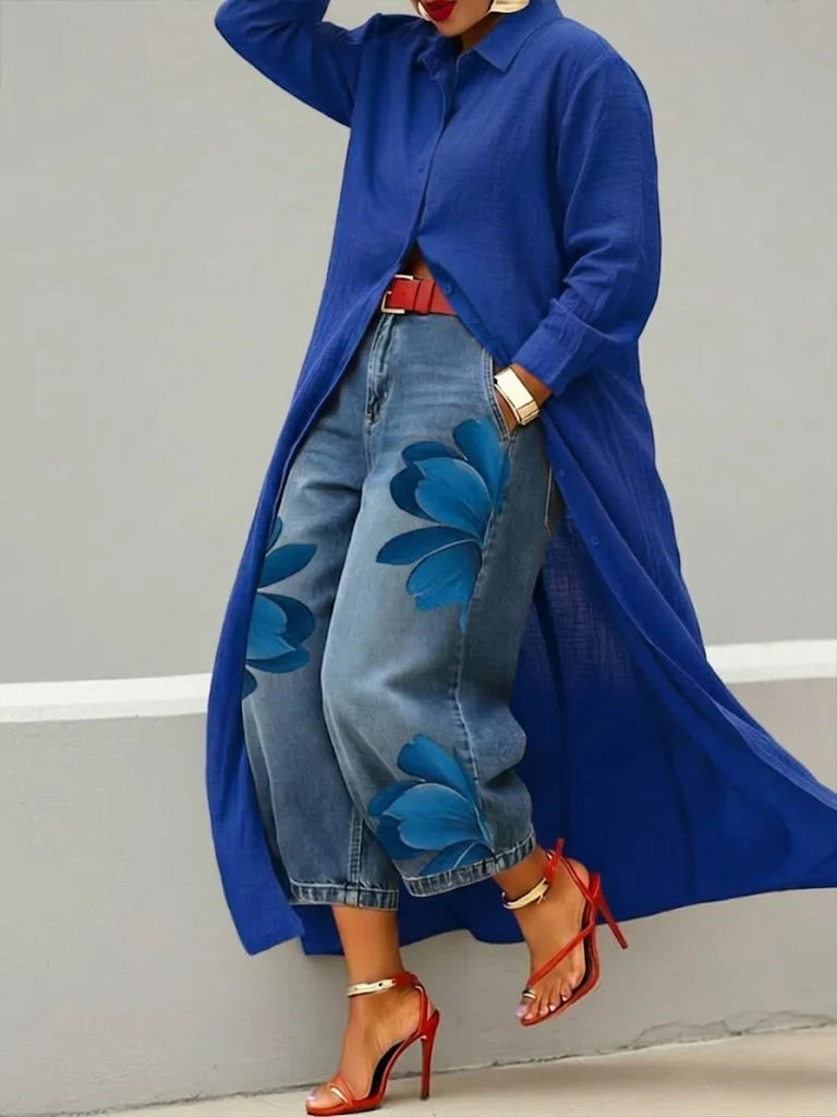 Analie - Conjunto de Vestido Camisa y Jeans Florales