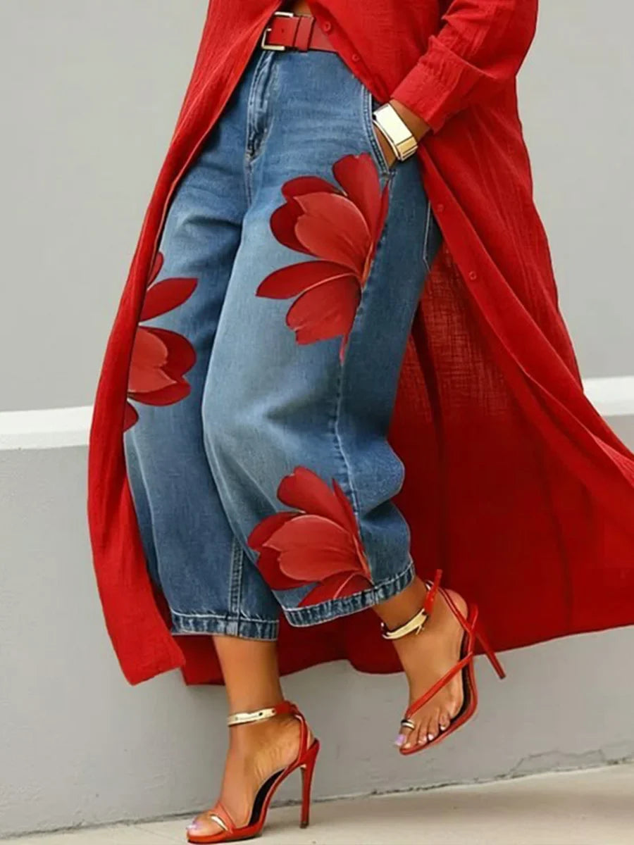 Analie - Conjunto de Vestido Camisa y Jeans Florales