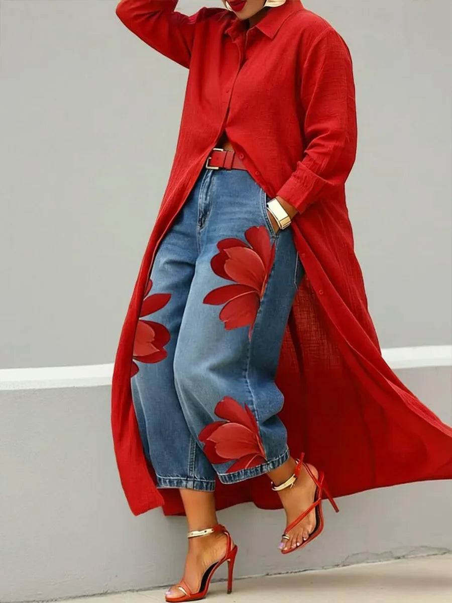 Analie - Conjunto de Vestido Camisa y Jeans Florales