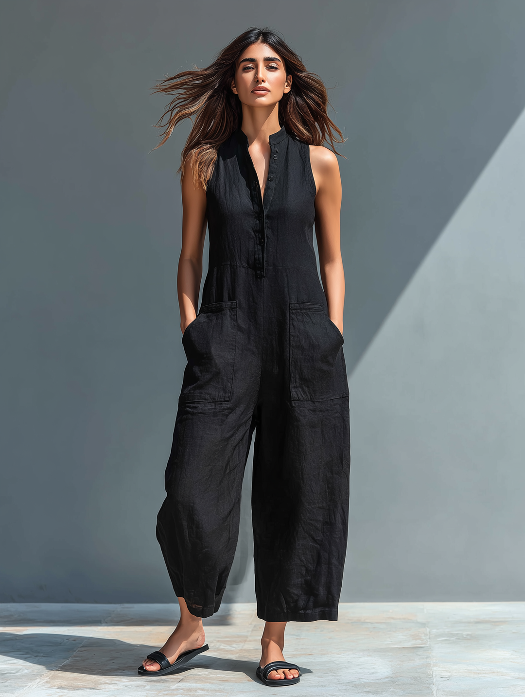 DORIA | Mono minimalista sin mangas para mujer con cuello alto y botones