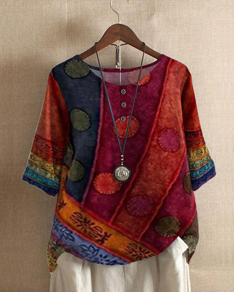 Blusa Boho Con Estampado Y Mangas Tres Cuartos