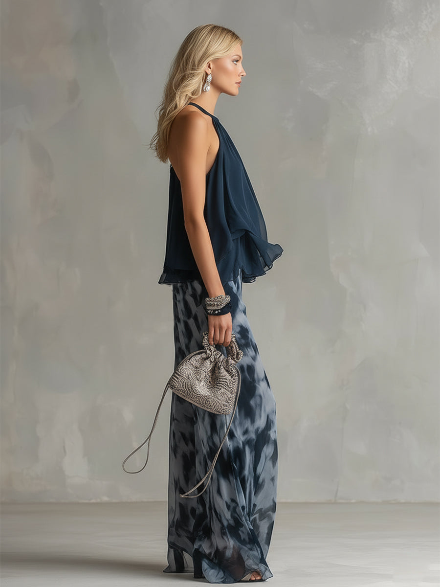 Luna | Elegante conjunto de gasa con top de cuello alto y pantalones anchos estampados