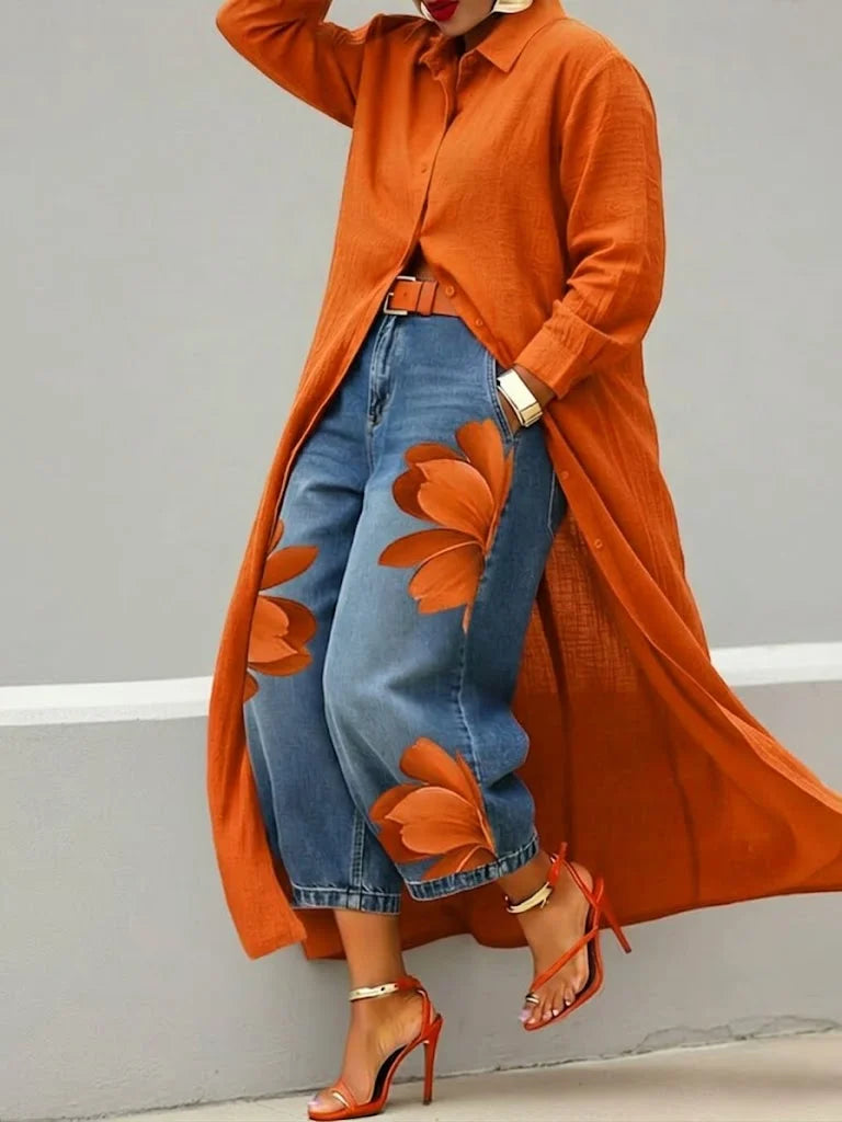 Analie - Conjunto de Vestido Camisa y Jeans Florales