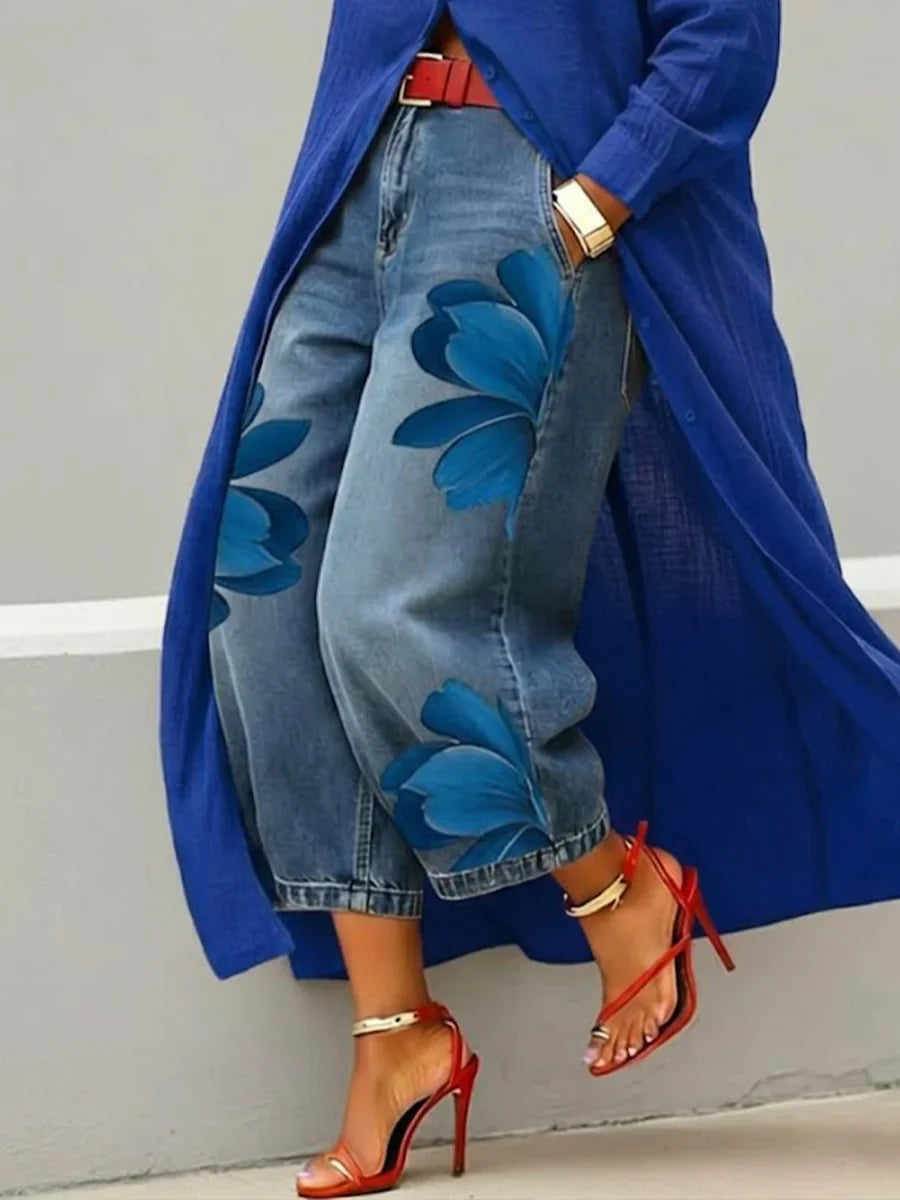 Analie - Conjunto de Vestido Camisa y Jeans Florales