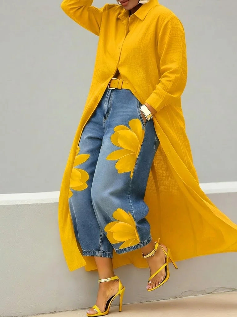 Analie - Conjunto de Vestido Camisa y Jeans Florales