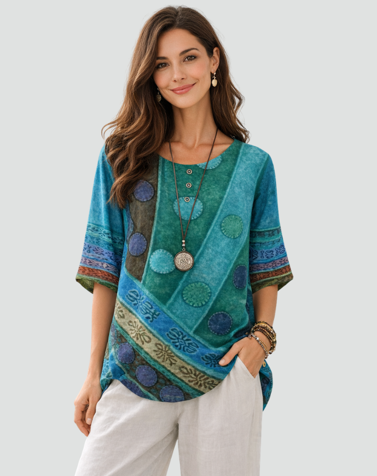Blusa Boho Con Estampado Y Mangas Tres Cuartos