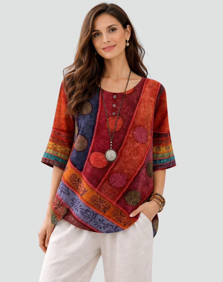 Blusa Boho Con Estampado Y Mangas Tres Cuartos