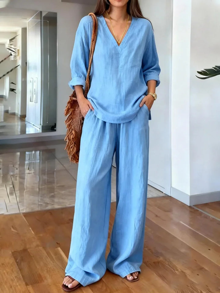 María Pilar | Conjunto casual con textura de lino y escote en V
