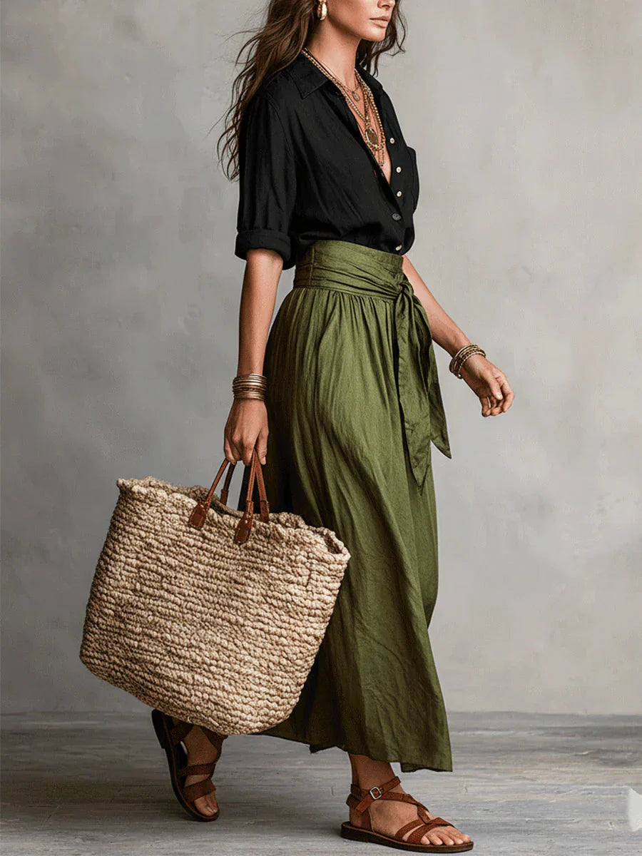 Vera | Conjunto de dos piezas: camisa negra y falda midi verde oliva