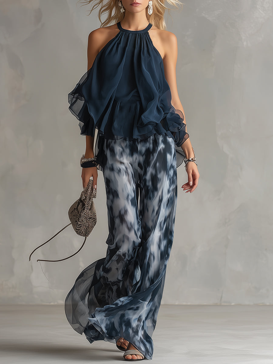 Luna | Elegante conjunto de gasa con top de cuello alto y pantalones anchos estampados