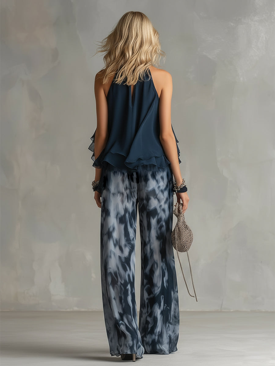 Luna | Elegante conjunto de gasa con top de cuello alto y pantalones anchos estampados