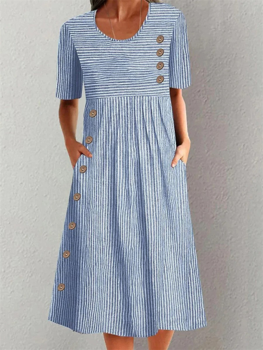 LUISA | ELEGANTE VESTIDO MIDI A RAYAS QUE APLANA EL VIENTRE