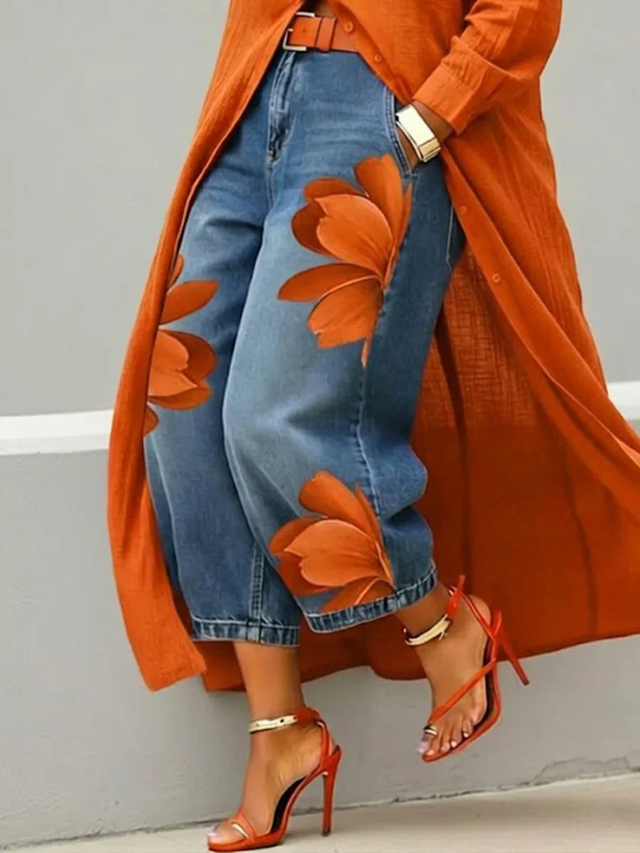 Analie - Conjunto de Vestido Camisa y Jeans Florales