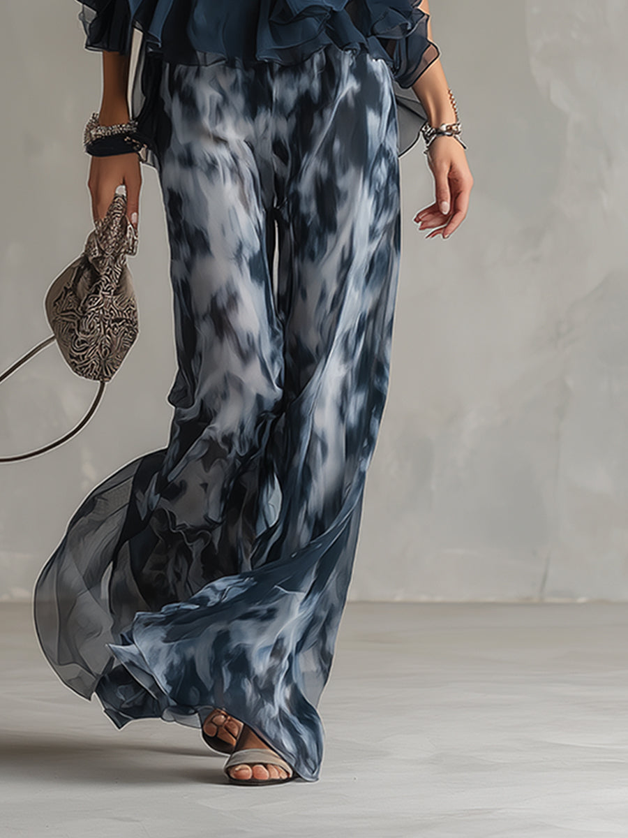 Luna | Elegante conjunto de gasa con top de cuello alto y pantalones anchos estampados
