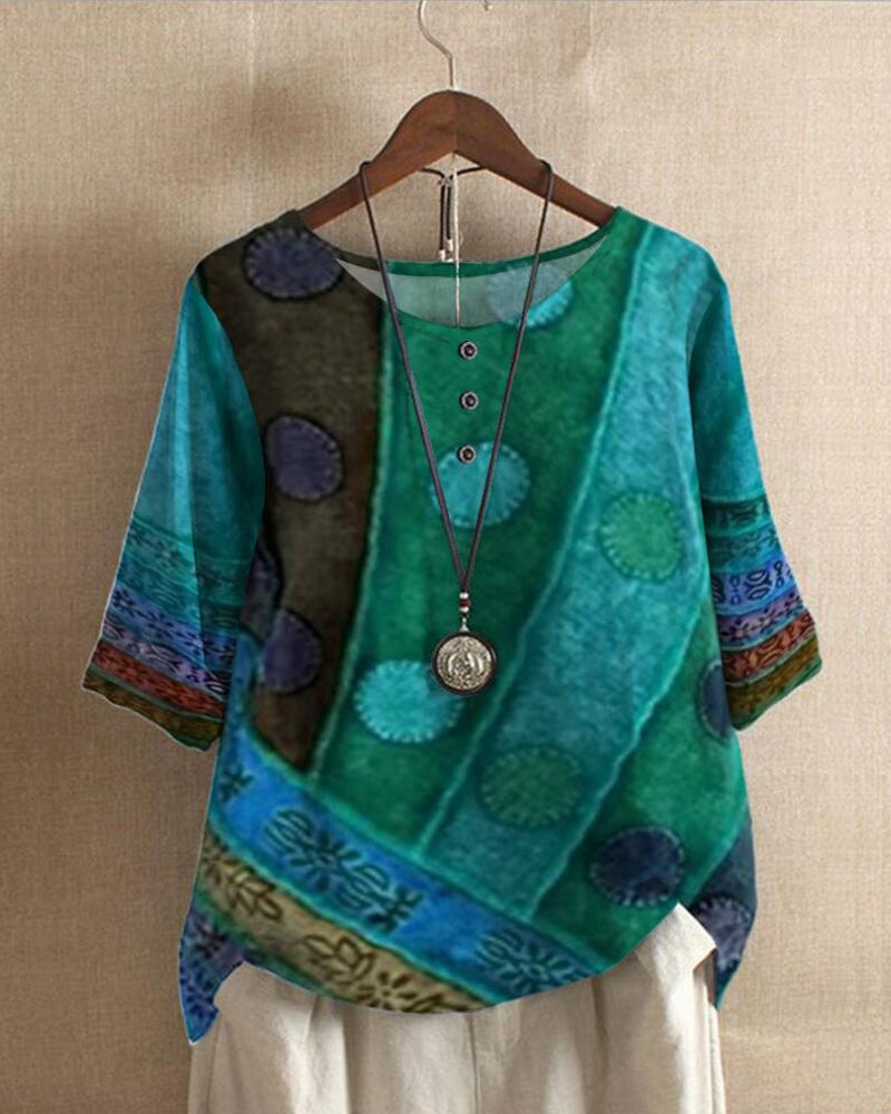 Blusa Boho Con Estampado Y Mangas Tres Cuartos