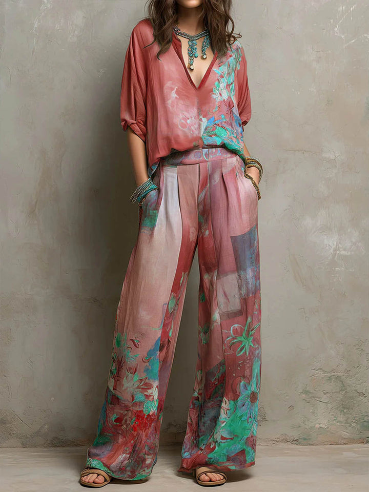 Clara | Conjunto elegante con estampado floral y pantalón ancho